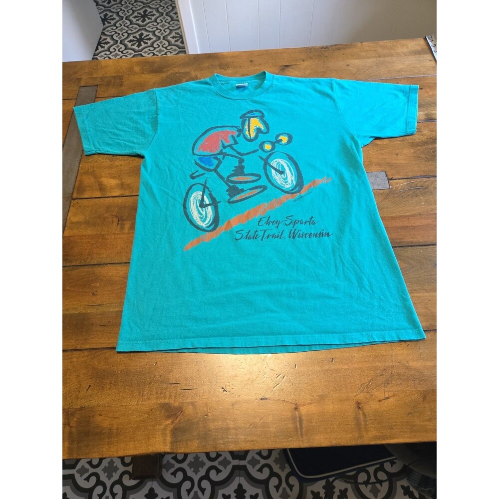 Vintage 90s Elroy Sparta State Trail Wisconsin Cycling Tee Jerzees USA Made L